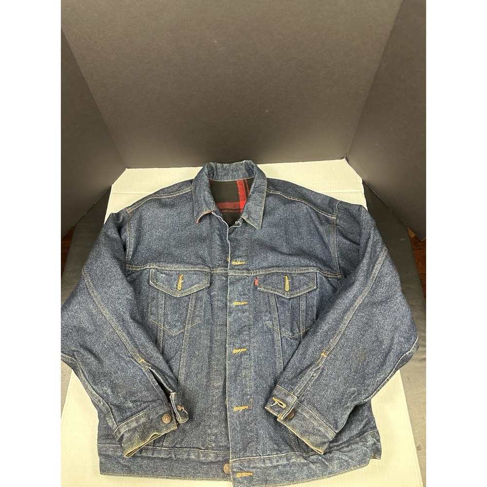 Vintage Levis Denim Jacket Mens MED Buffalo Plaid Lined Trucker  USA See Pics